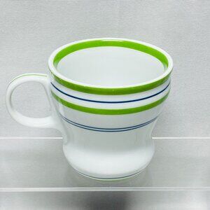 2007 Starbucks White Coffee Mug Green Band Blue Stripes Tea Cup 12oz